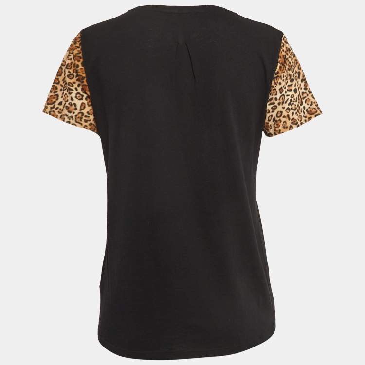 Pre Owned Saint Laurent Paris Black Musical and Leopard Print Cotton Jersey T-Shirt S