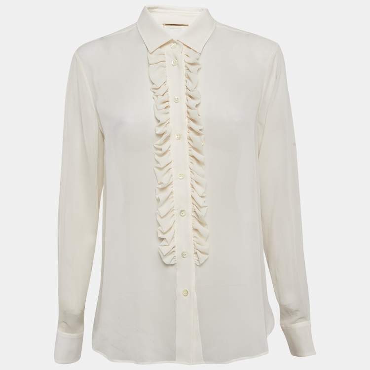 Pre Owned Saint Laurent Off-White Silk Ruffle Detail Shirt Blouse M