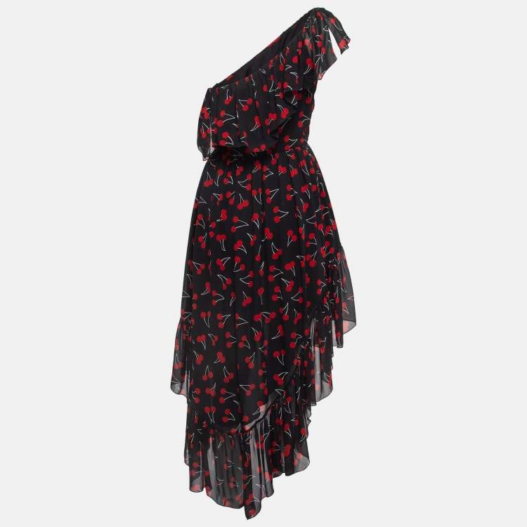 Pre Owned Saint Laurent Black Cherry Print Silk One-Shoulder Asymmetric Midi Dress M