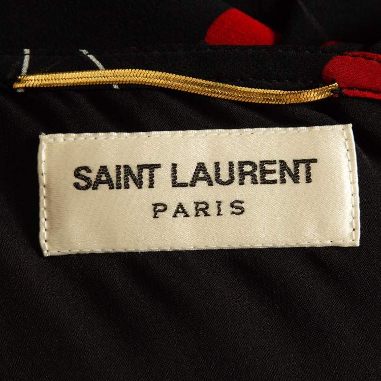 Pre Owned Saint Laurent Black Cherry Print Silk One-Shoulder Asymmetric Midi Dress M