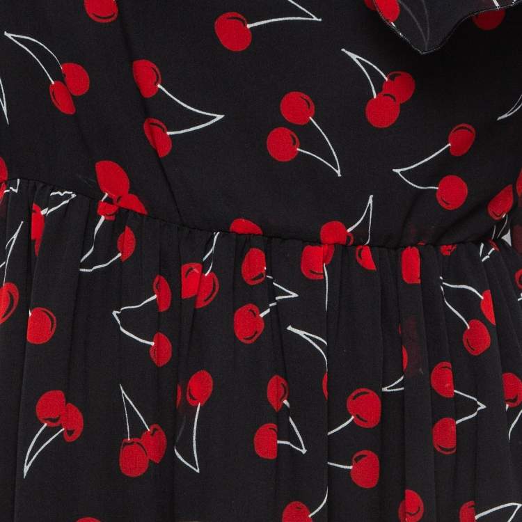 Pre Owned Saint Laurent Black Cherry Print Silk One-Shoulder Asymmetric Midi Dress M