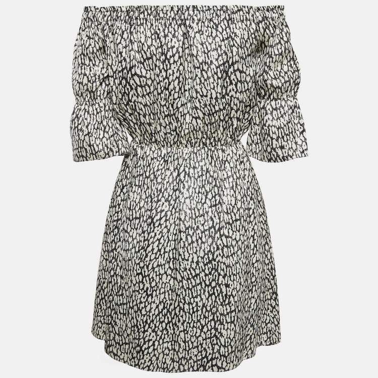 Pre Owned Saint Laurent Black Animal Print Lame Off-Shoulder Mini Dress S