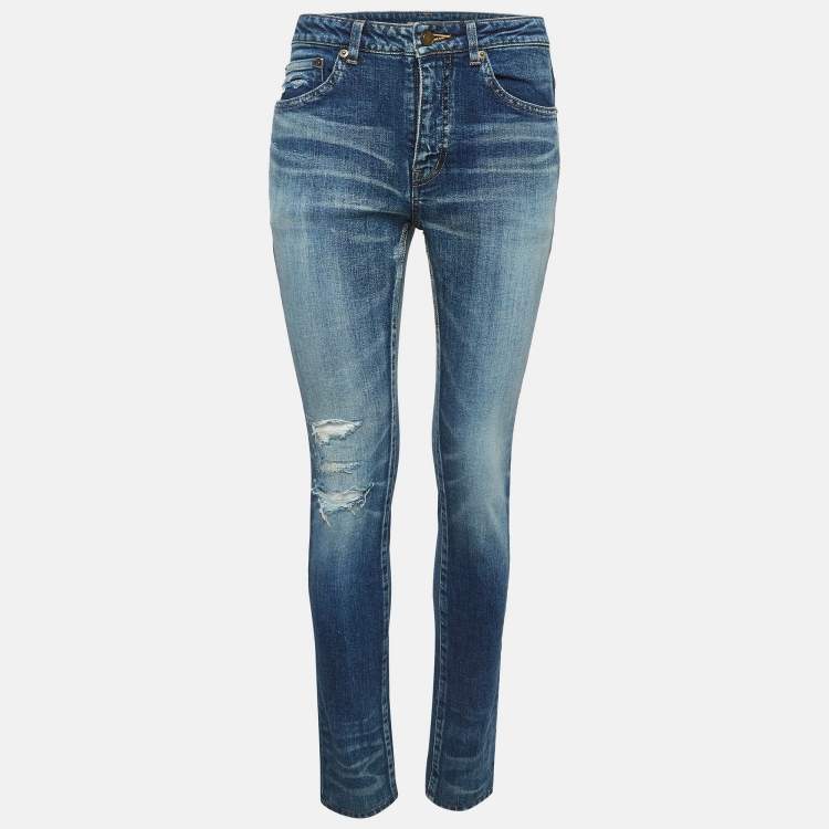 Pre Owned Saint Laurent Blue Distressed Denim Frayed Skinny Jeans M Waist 28"