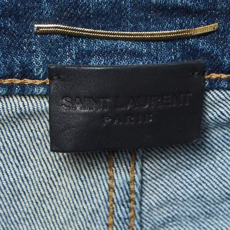 Pre Owned Saint Laurent Blue Distressed Denim Frayed Skinny Jeans M Waist 28"