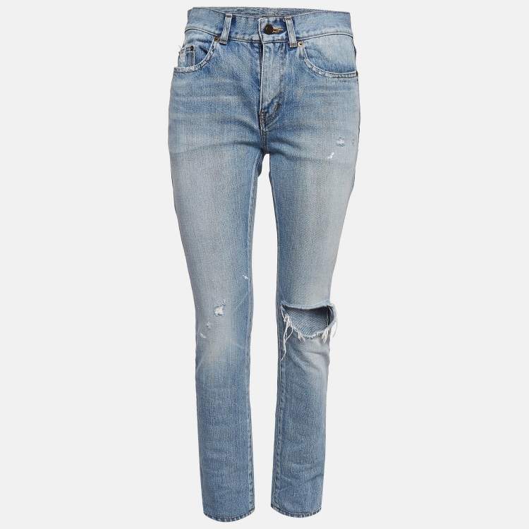 Pre Owned Saint Laurent Light Blue Ripped Denim Skinny Jeans M Waist 28"