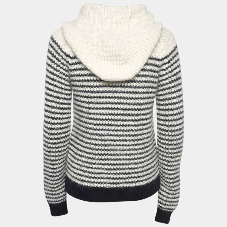 Pre Owned Saint Laurent White/Black Stripe Wool Blend Knit Hooded Sweater XS