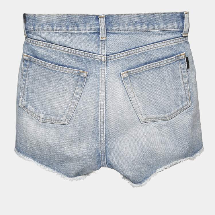 Pre Owned Saint Laurent Light Blue Ripped Denim Shorts S Waist 24"