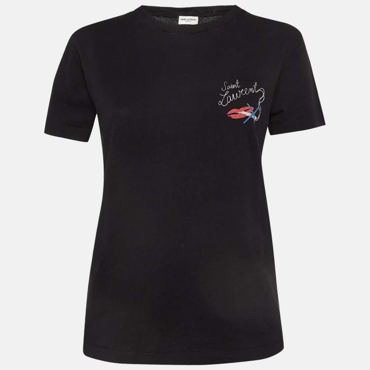 Pre Owned Saint Laurent Black No Smocking Print Cotton T-Shirt XS