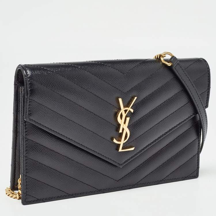 Pre Owned Saint Laurent Black Matelassé Leather Monogram Envelope Wallet on Chain