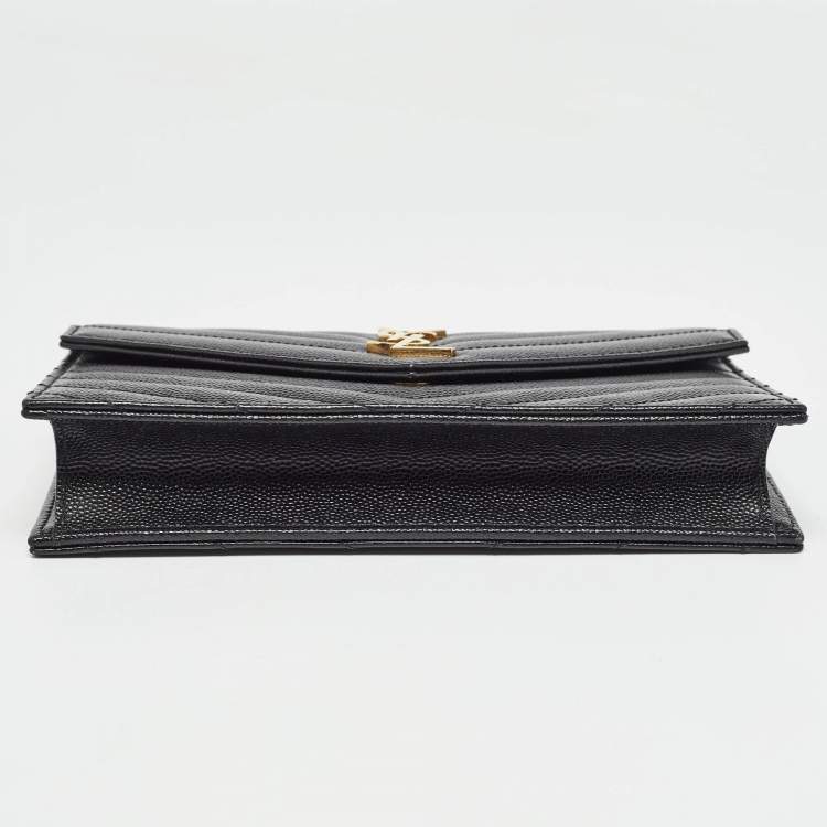 Pre Owned Saint Laurent Black Matelassé Leather Monogram Envelope Wallet on Chain