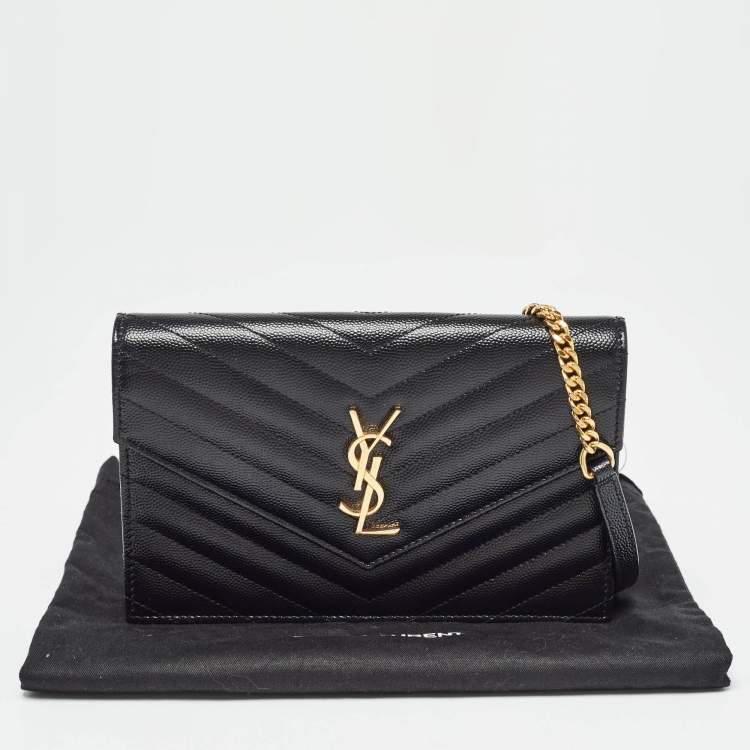 Pre Owned Saint Laurent Black Matelassé Leather Monogram Envelope Wallet on Chain