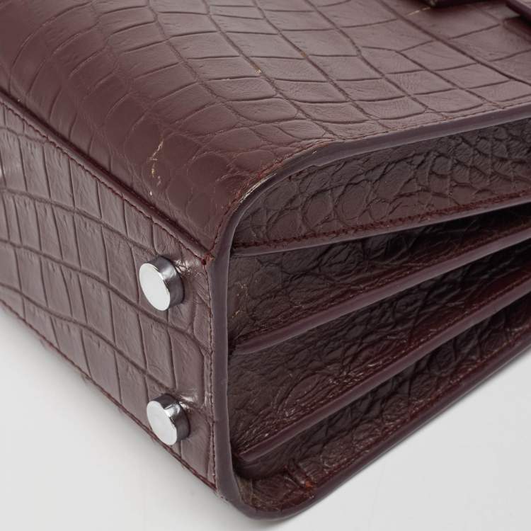 Pre Owned Saint Laurent Burgundy Croc Embossed Leather Nano Classic Sac De Jour Tote