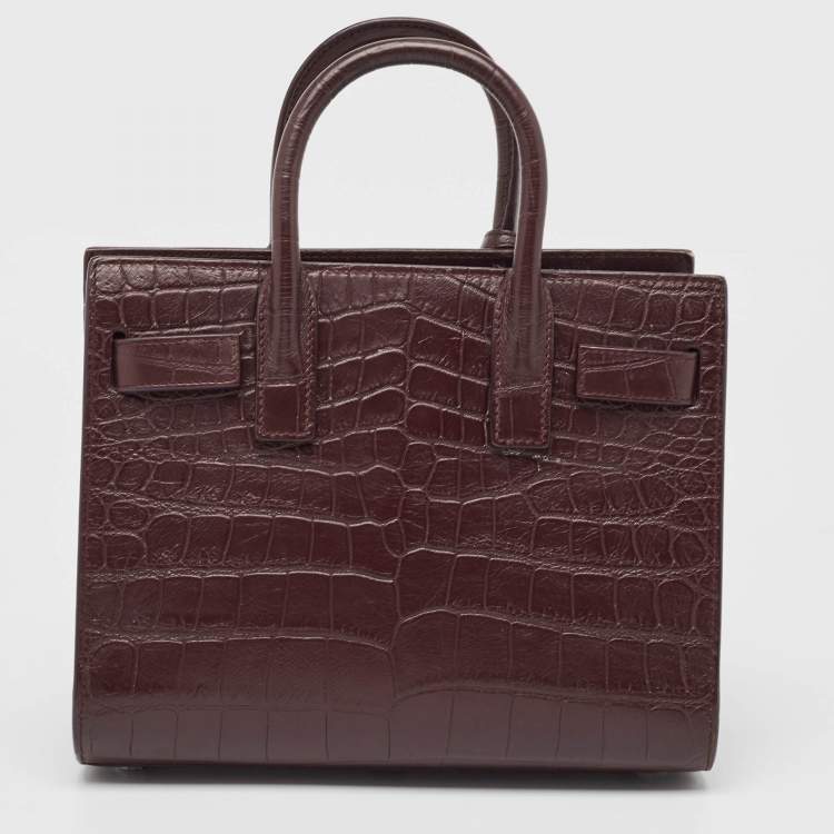 Pre Owned Saint Laurent Burgundy Croc Embossed Leather Nano Classic Sac De Jour Tote