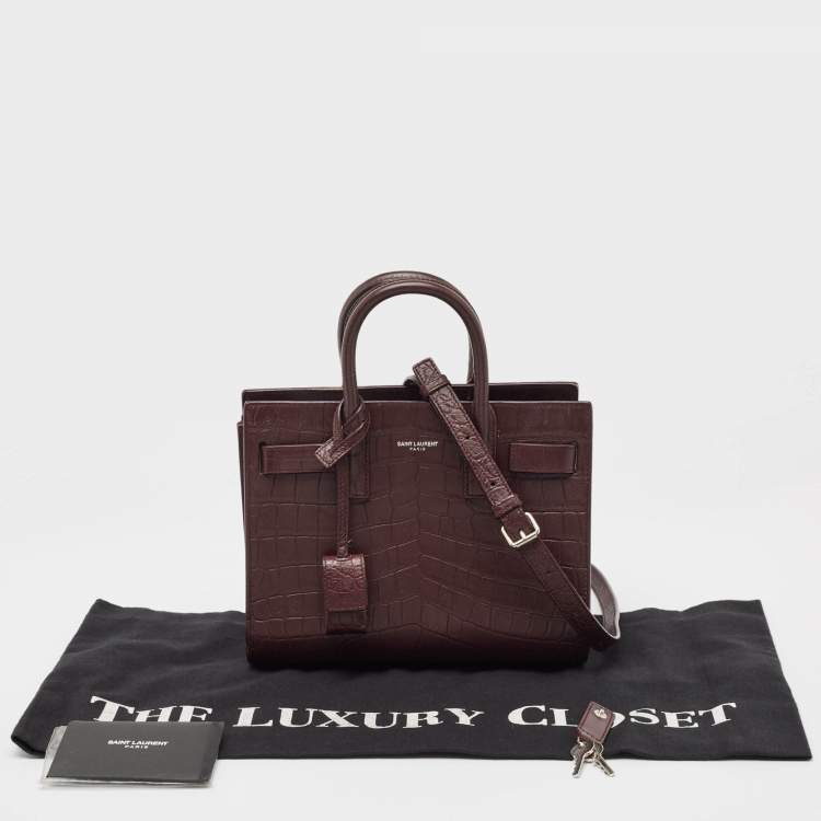 Pre Owned Saint Laurent Burgundy Croc Embossed Leather Nano Classic Sac De Jour Tote