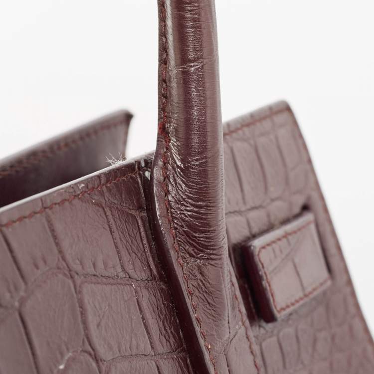 Pre Owned Saint Laurent Burgundy Croc Embossed Leather Nano Classic Sac De Jour Tote