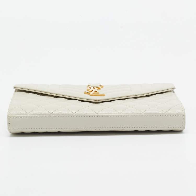 Pre Owned Saint Laurent White Matelassé Leather Cassandre Wallet on Chain