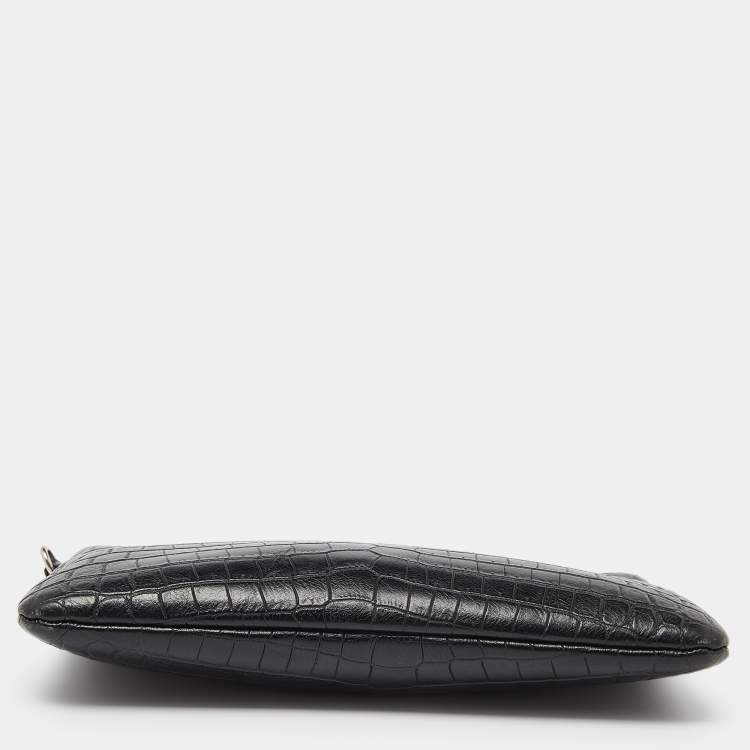 Pre Owned Saint Laurent Black Croc Embossed Leather Monogram Zip Pouch