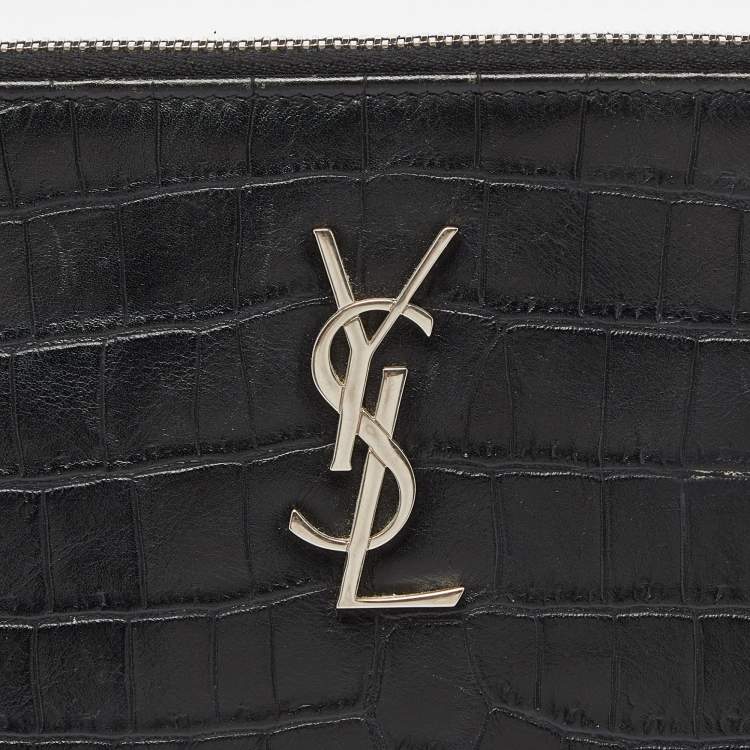 Pre Owned Saint Laurent Black Croc Embossed Leather Monogram Zip Pouch