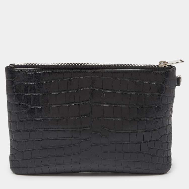 Pre Owned Saint Laurent Black Croc Embossed Leather Monogram Zip Pouch