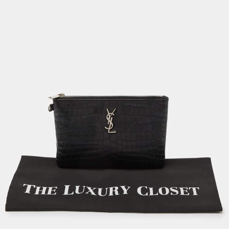 Pre Owned Saint Laurent Black Croc Embossed Leather Monogram Zip Pouch