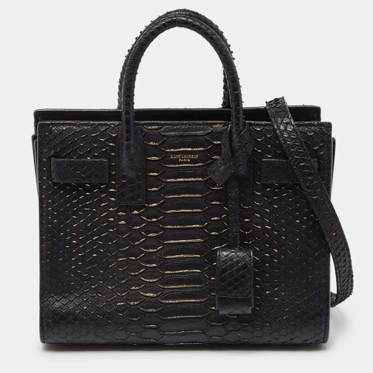 Pre Owned Saint Laurent Black/Gold Python Nano Classic Sac De Jour Tote