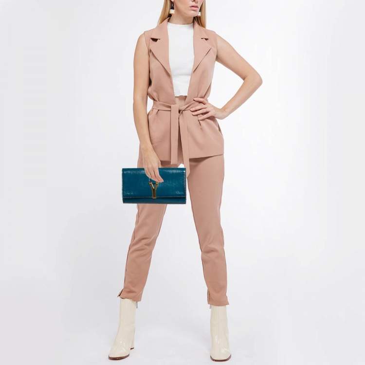 مملوكة مسبقًا Saint Laurent Teal Green Patent Leather Y Line Clutch