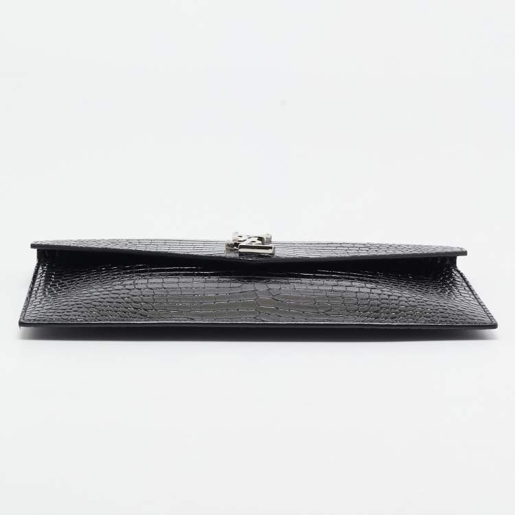 Pre Owned Saint Laurent Black Croc Embossed Leather Uptown Clutch
