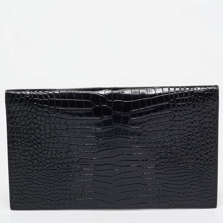 Pre Owned Saint Laurent Black Croc Embossed Leather Uptown Clutch