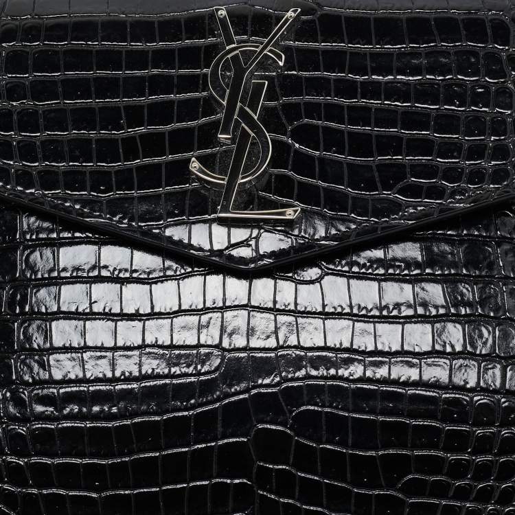 Pre Owned Saint Laurent Black Croc Embossed Leather Uptown Clutch