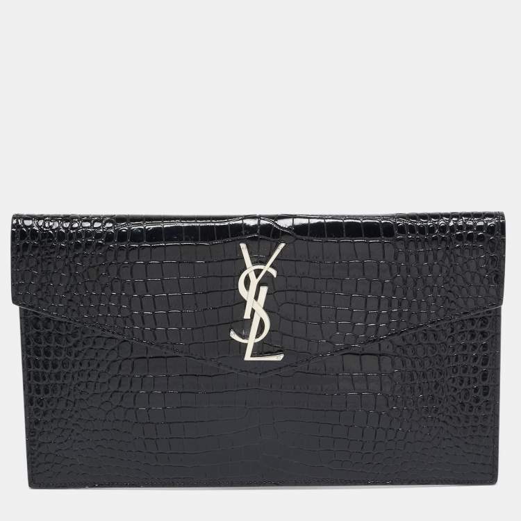 Pre Owned Saint Laurent Black Croc Embossed Leather Uptown Clutch