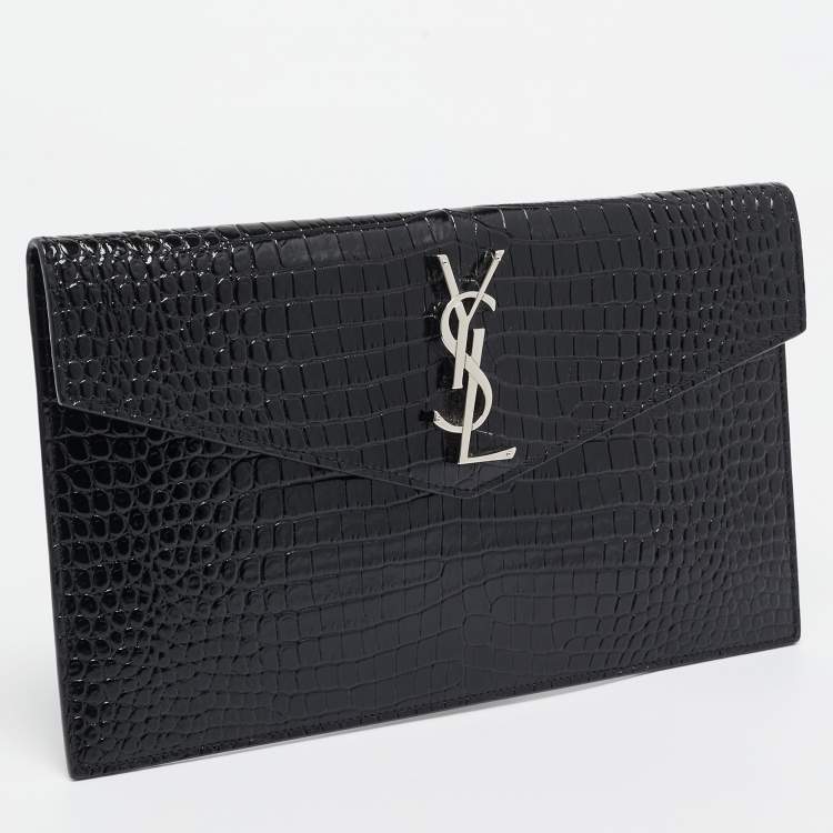 Pre Owned Saint Laurent Black Croc Embossed Leather Uptown Clutch