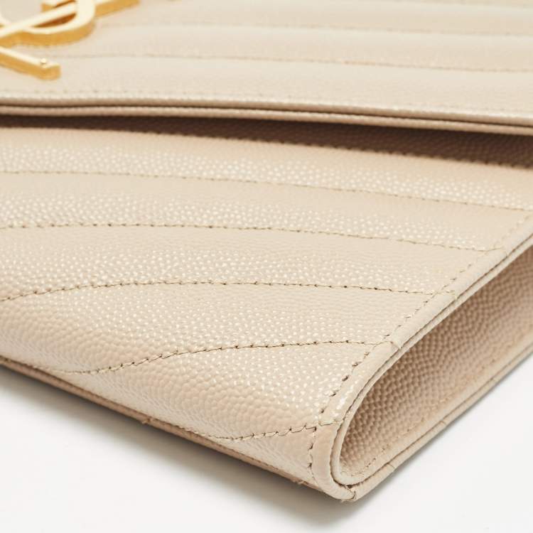 Pre Owned Saint Laurent Beige Matelasse Leather Cassandre Wristlet Pouch