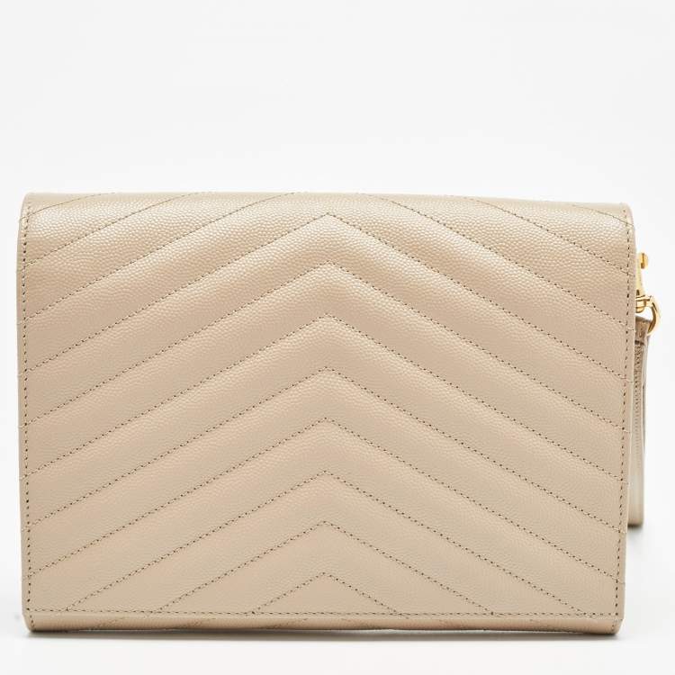 Pre Owned Saint Laurent Beige Matelasse Leather Cassandre Wristlet Pouch
