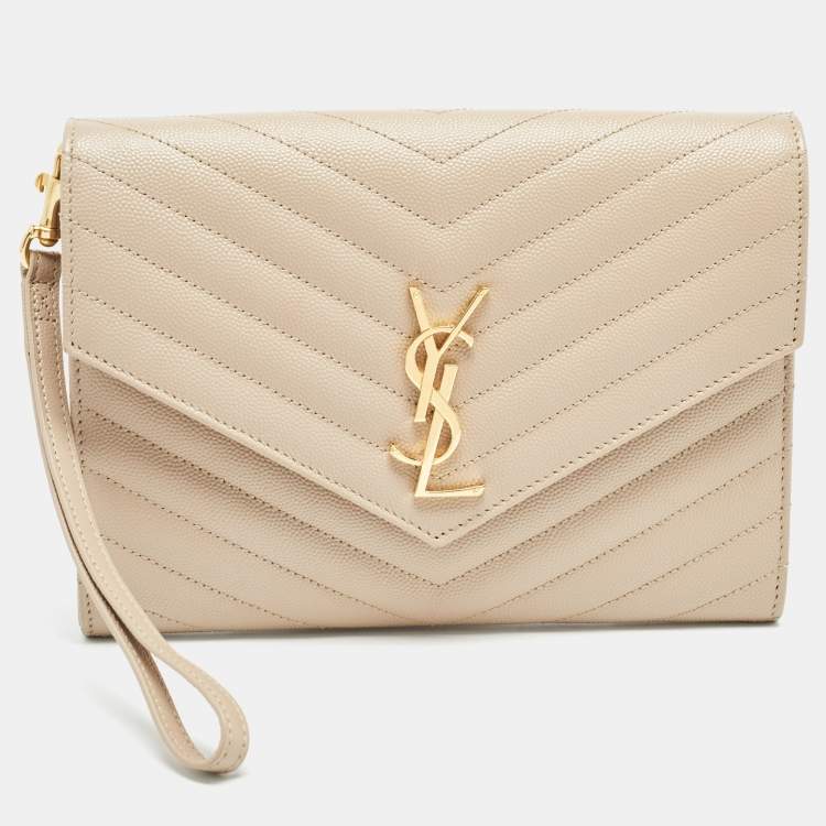 Pre Owned Saint Laurent Beige Matelasse Leather Cassandre Wristlet Pouch