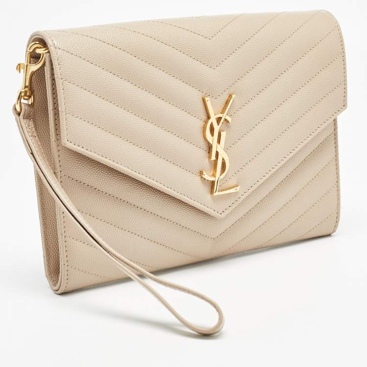 Pre Owned Saint Laurent Beige Matelasse Leather Cassandre Wristlet Pouch