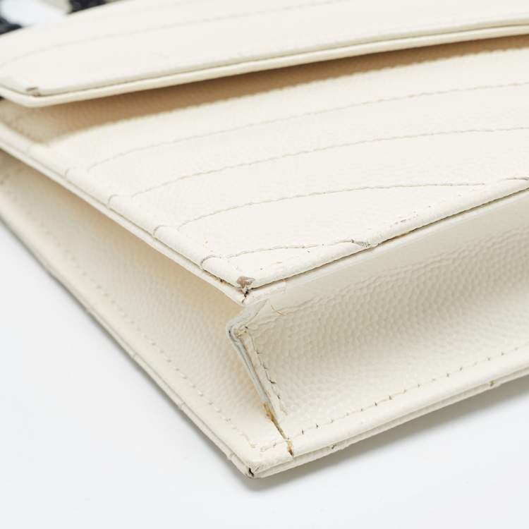 Pre Owned Saint Laurent Cream Matelassé Leather Monogram Envelope Wallet on Chain