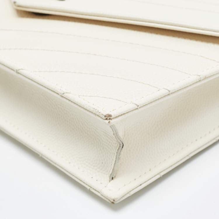 Pre Owned Saint Laurent Cream Matelassé Leather Monogram Envelope Wallet on Chain