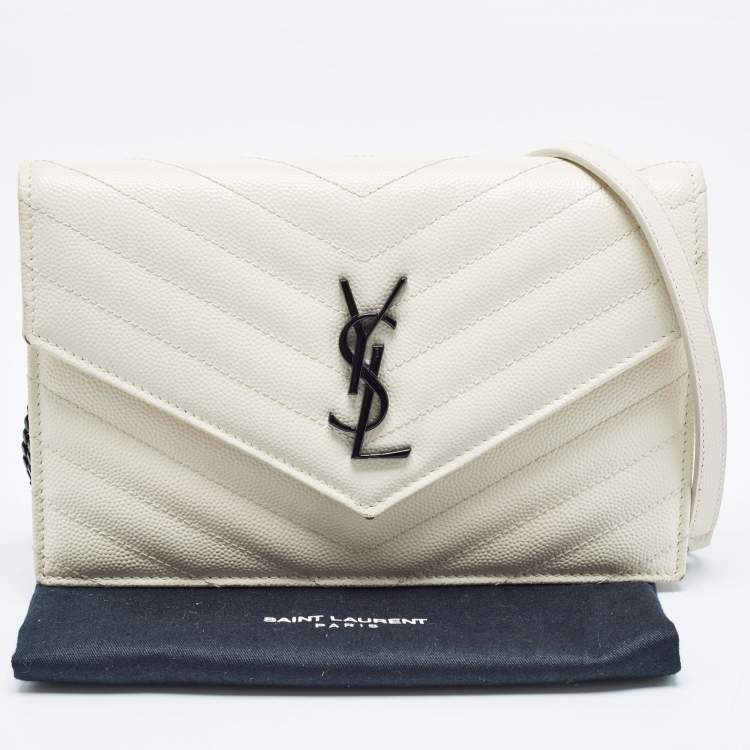Pre Owned Saint Laurent Cream Matelassé Leather Monogram Envelope Wallet on Chain