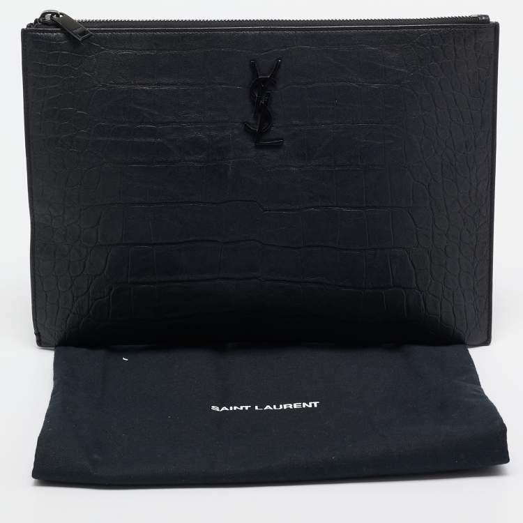Pre Owned Saint Laurent Black Croc Embossed Leather Monogram Zip Pouch