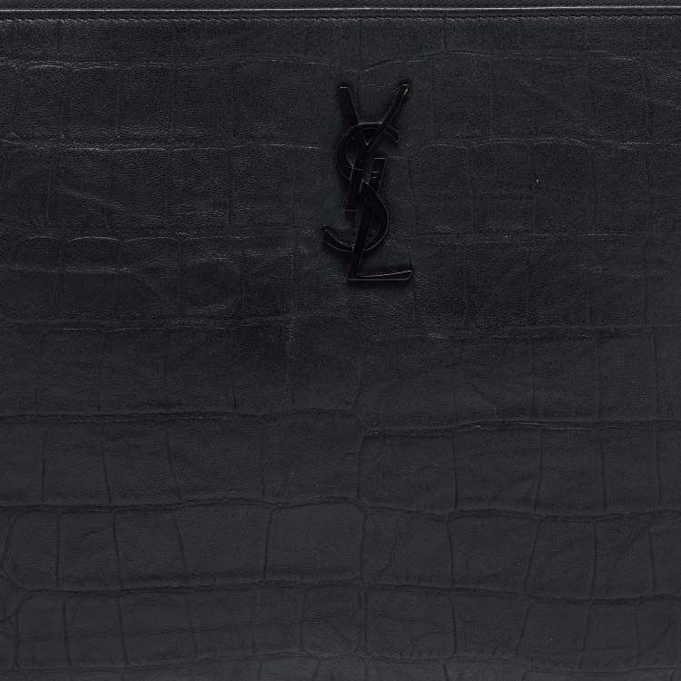Pre Owned Saint Laurent Black Croc Embossed Leather Monogram Zip Pouch