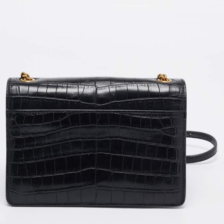 Pre Owned Saint Laurent Black Croc Embossed Leather Sunset Shoulder Bag