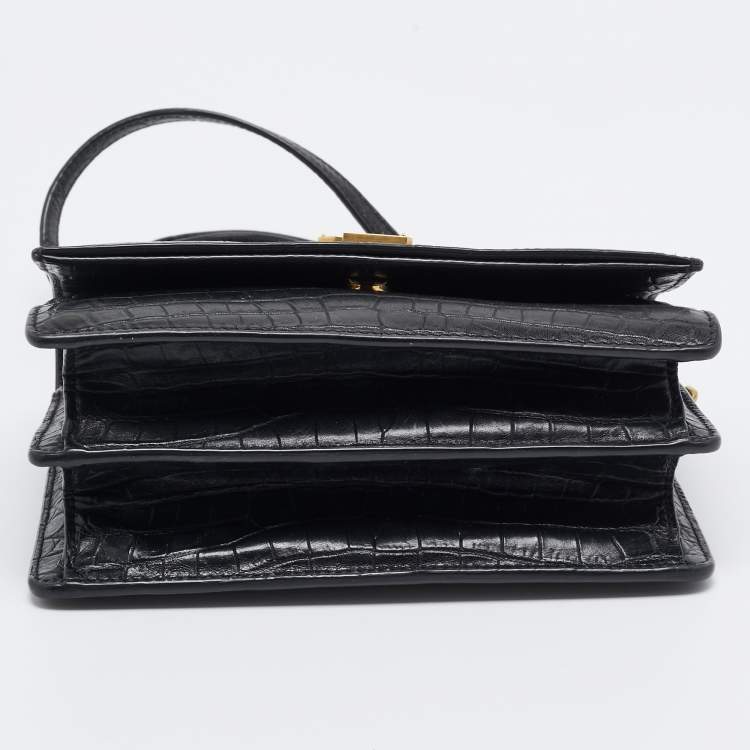 Pre Owned Saint Laurent Black Croc Embossed Leather Sunset Shoulder Bag