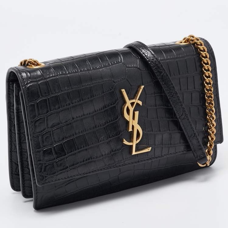 Pre Owned Saint Laurent Black Croc Embossed Leather Sunset Shoulder Bag