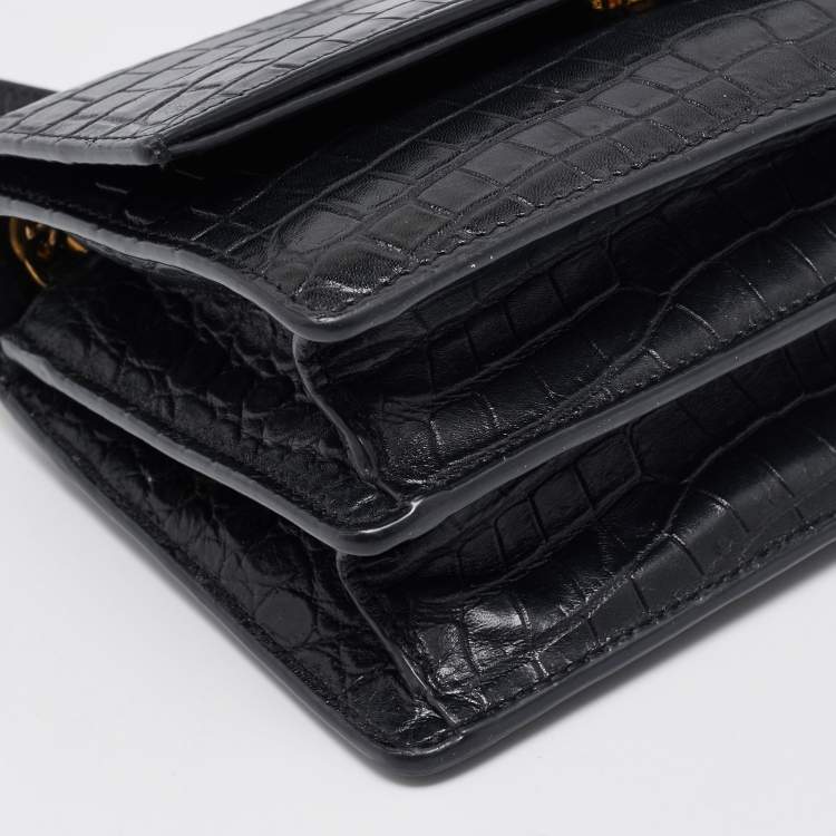 Pre Owned Saint Laurent Black Croc Embossed Leather Sunset Shoulder Bag