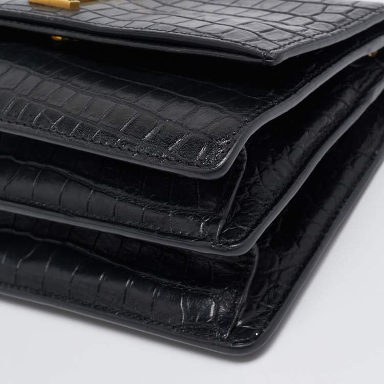 Pre Owned Saint Laurent Black Croc Embossed Leather Sunset Shoulder Bag