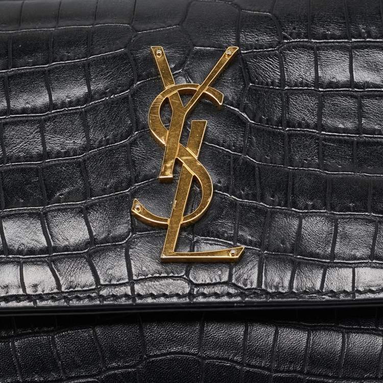 Pre Owned Saint Laurent Black Croc Embossed Leather Sunset Shoulder Bag