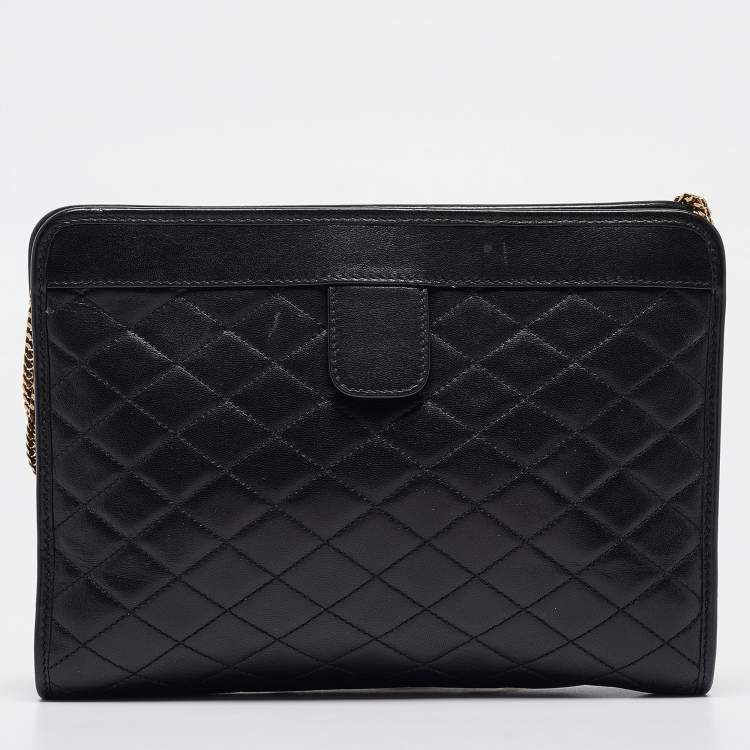 Pre Owned Saint Laurent Black Quilted Leather Victoire Chain Clutch 