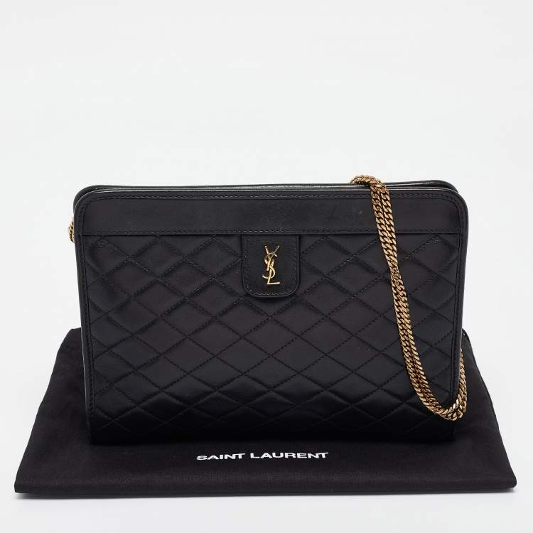 Pre Owned Saint Laurent Black Quilted Leather Victoire Chain Clutch 