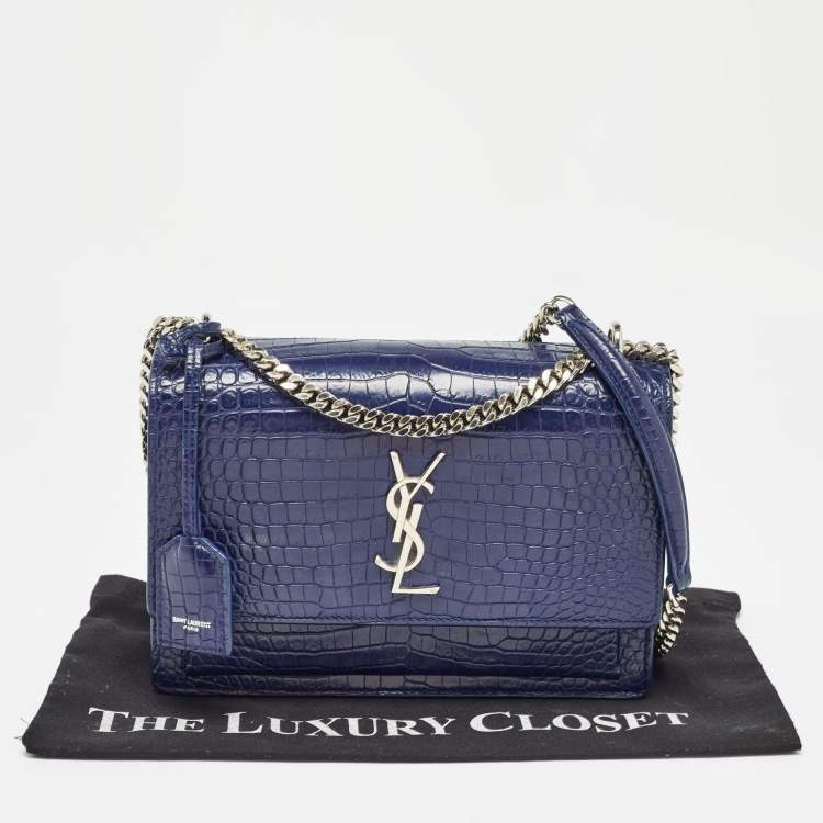 مملوكة مسبقًا Saint Laurent Blue Croc Embossed Leather Medium Sunset Shoulder Bag
