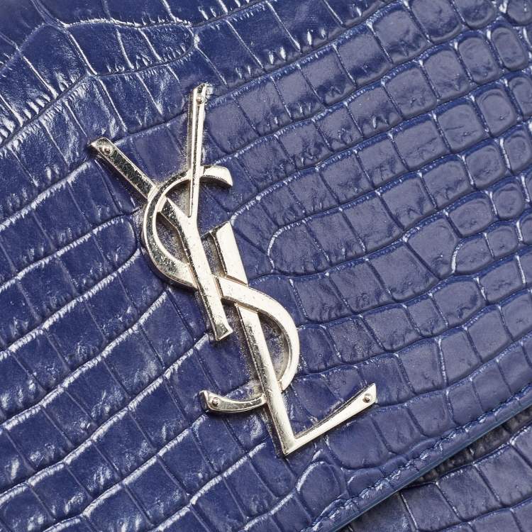 مملوكة مسبقًا Saint Laurent Blue Croc Embossed Leather Medium Sunset Shoulder Bag